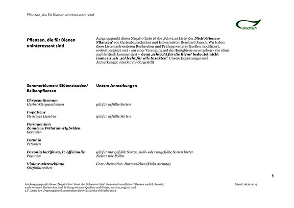 Tabelle der bienenunfreundlichen Pflanzen